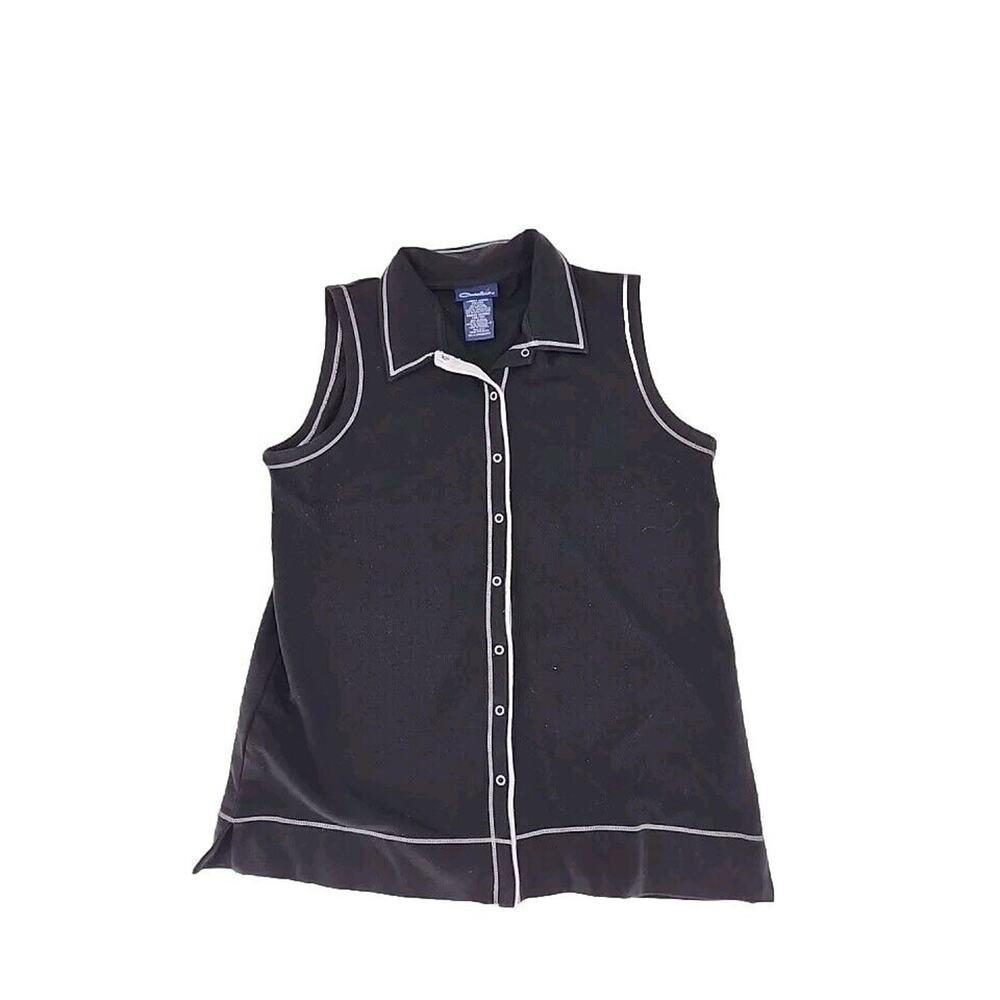 Vintage Catalina Long Vest Black Sleeveless Shirt Top Full Snap Up Collar Large